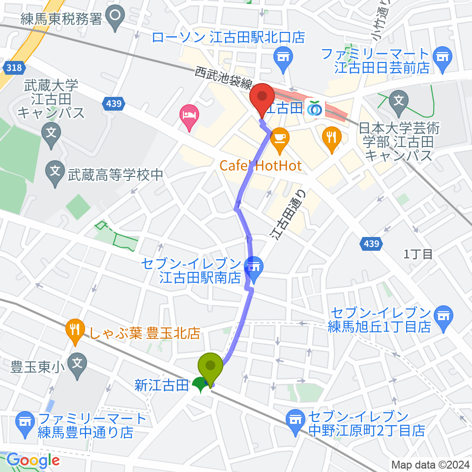 新江古田駅から江古田そるとぴーなつへのルートマップ地図