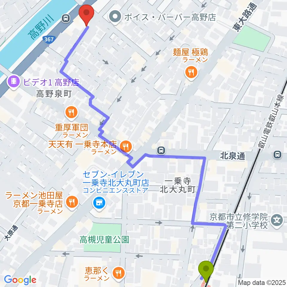 坂晃のトランペット教室の最寄駅一乗寺駅からの徒歩ルート（約8分）地図