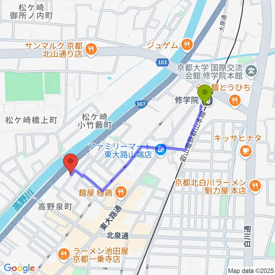 修学院駅から坂晃のトランペット教室へのルートマップ地図