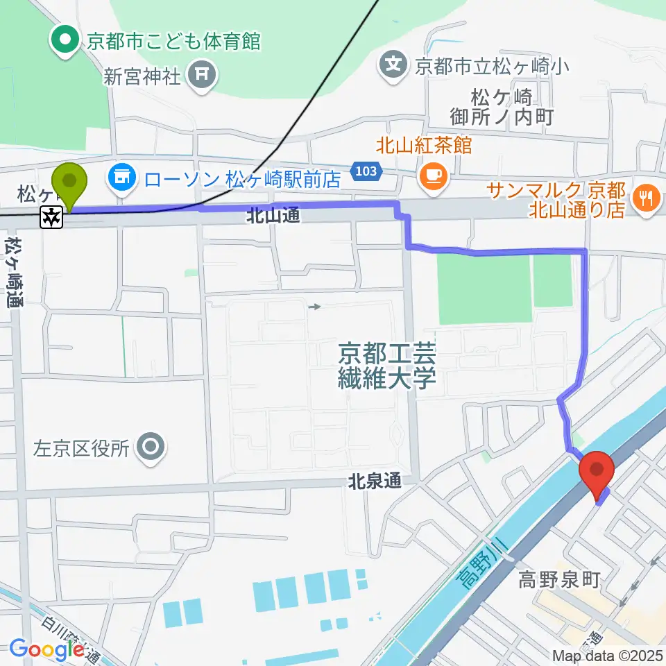 松ヶ崎駅から坂晃のトランペット教室へのルートマップ地図