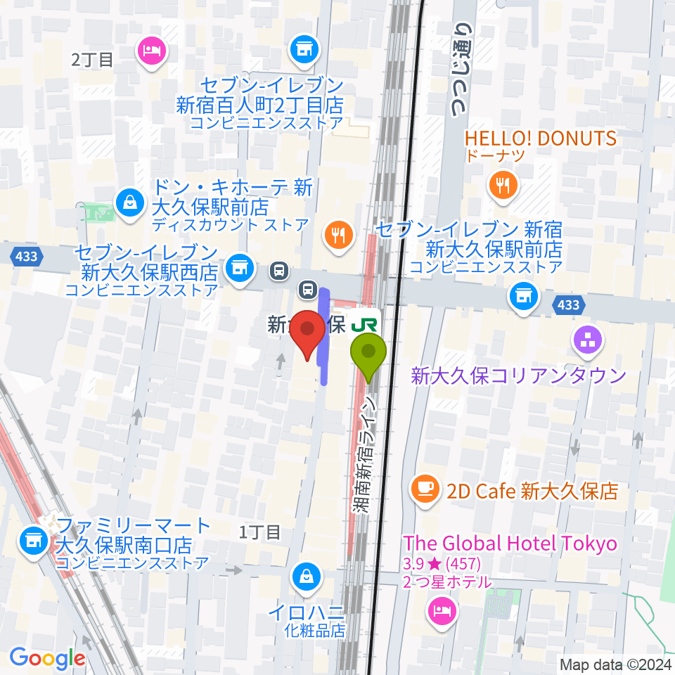 大久保管楽器店の最寄駅新大久保駅からの徒歩ルート（約1分）地図