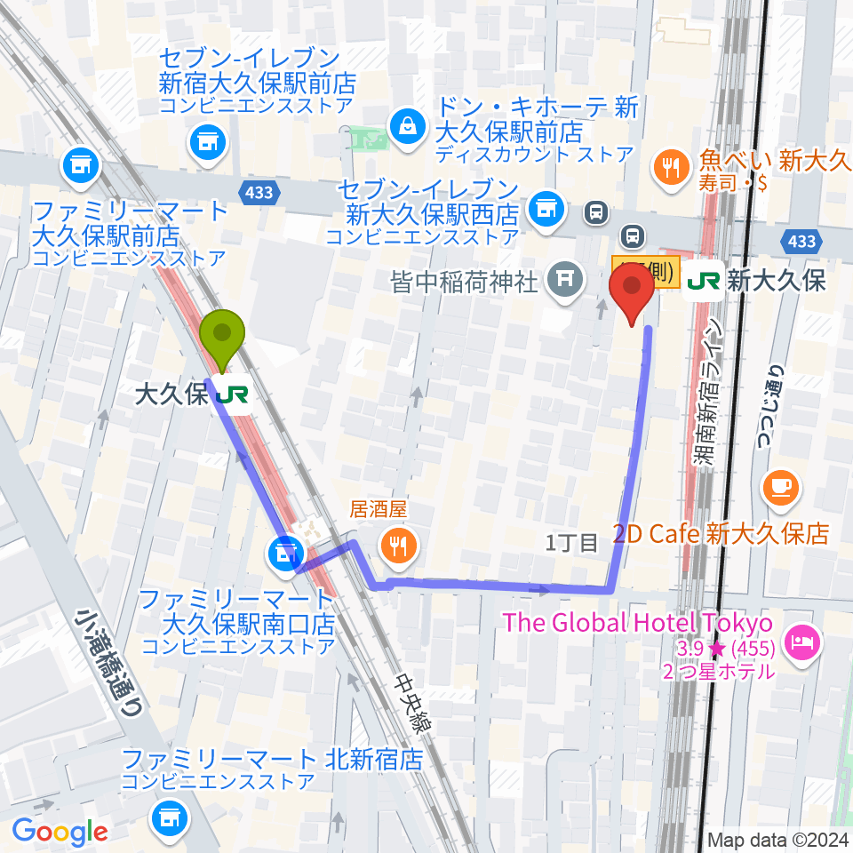 大久保駅から大久保管楽器店へのルートマップ地図