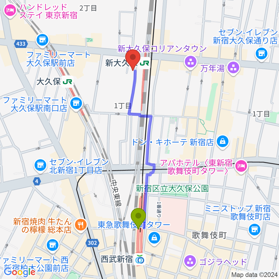 西武新宿駅から大久保管楽器店へのルートマップ地図