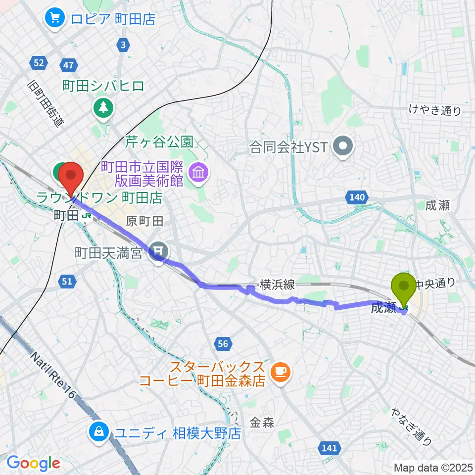 成瀬駅からまほろ座MACHIDAへのルートマップ地図