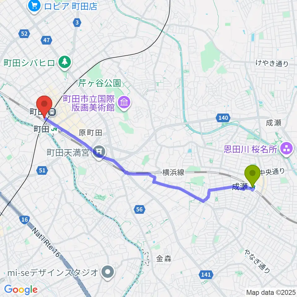 成瀬駅からまほろ座MACHIDAへのルートマップ地図