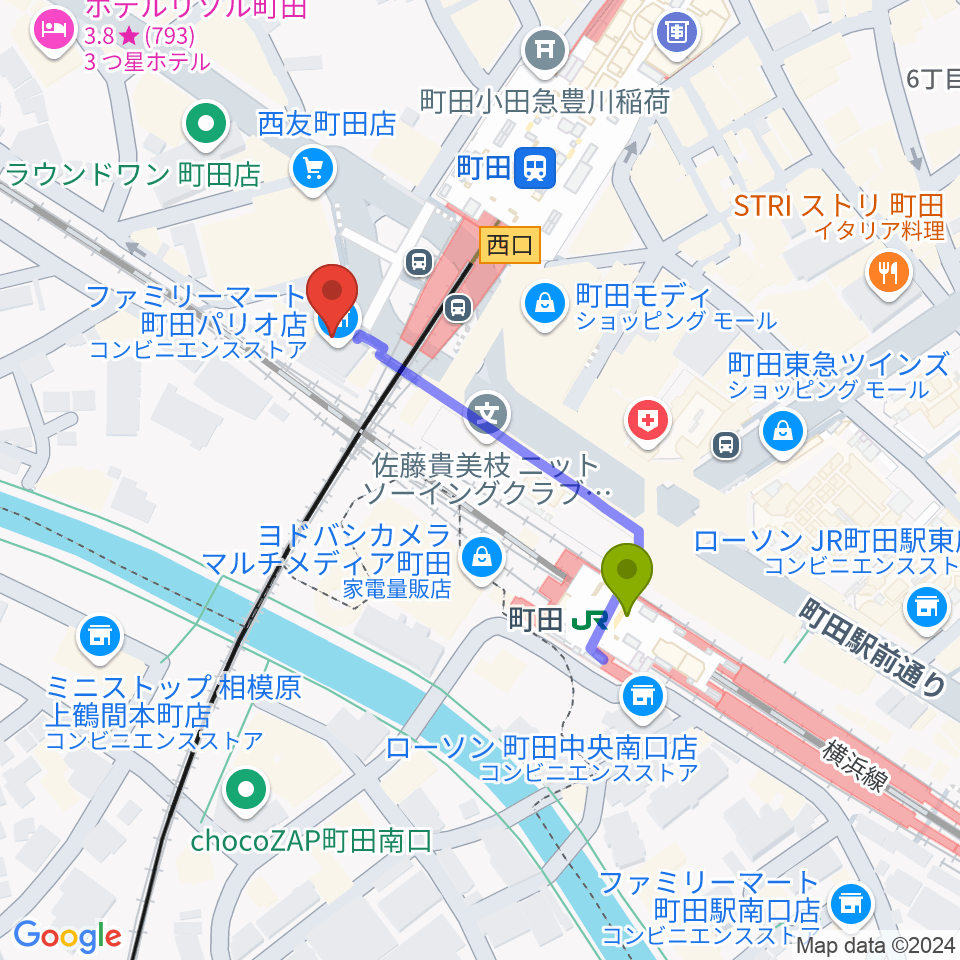 まほろ座MACHIDAの最寄駅町田駅からの徒歩ルート（約3分）地図