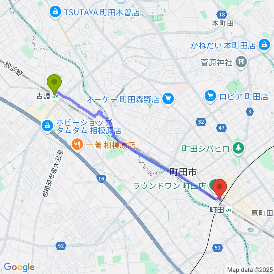 古淵駅からまほろ座MACHIDAへのルートマップ地図