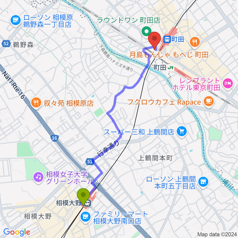 相模大野駅からまほろ座MACHIDAへのルートマップ地図