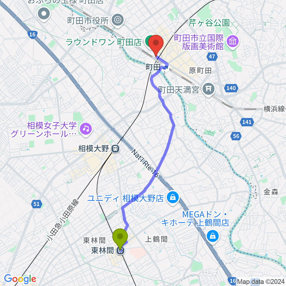 東林間駅からまほろ座MACHIDAへのルートマップ地図