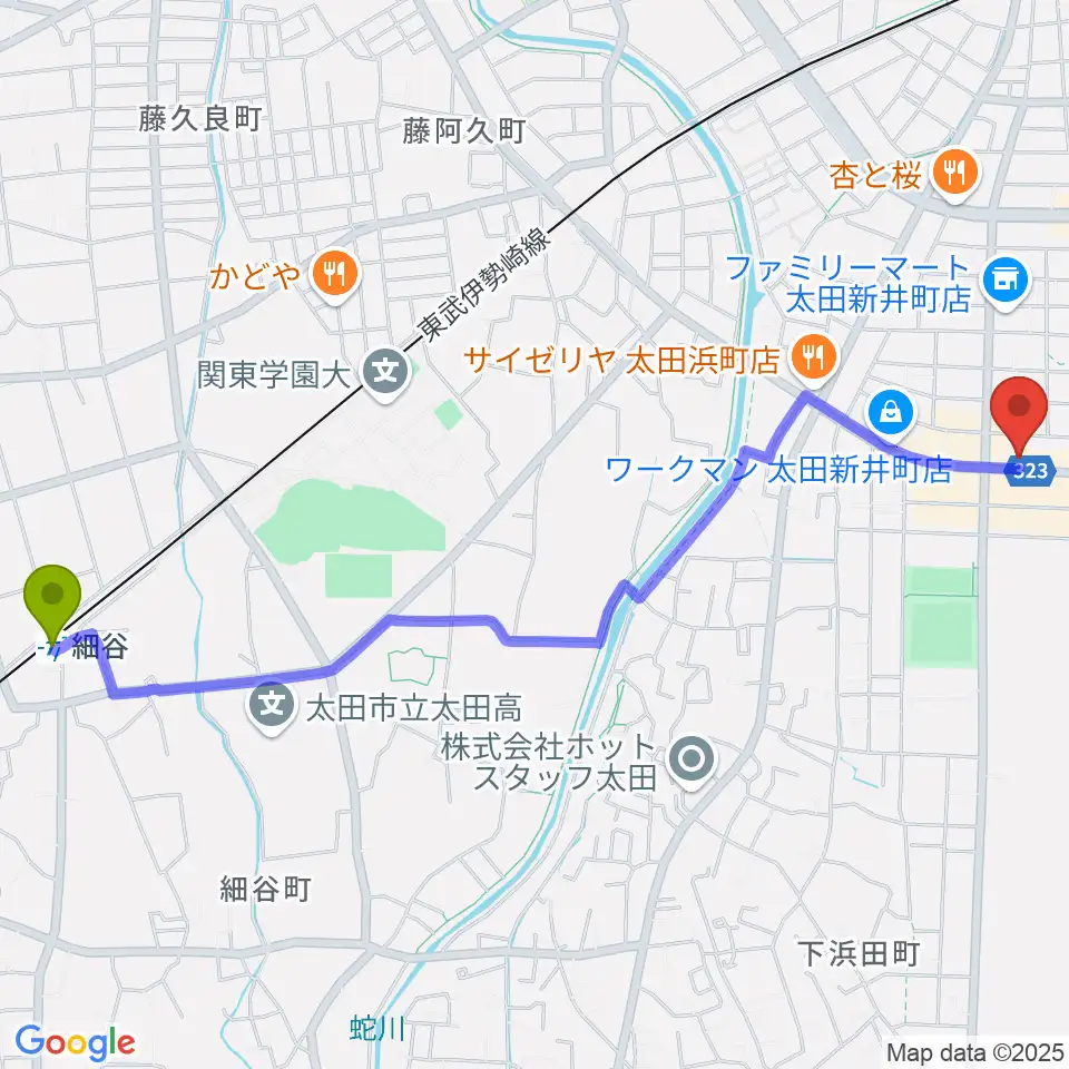 細谷駅から太田エモーションへのルートマップ地図