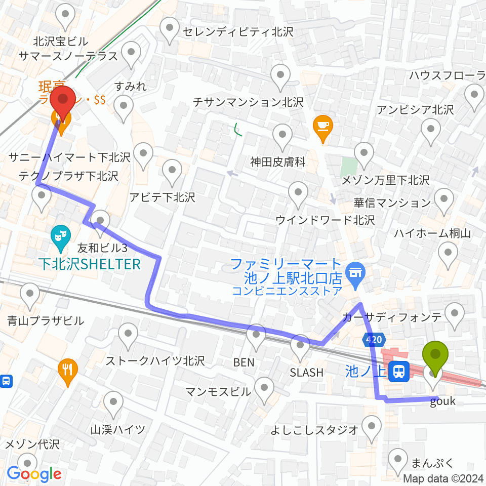 池ノ上駅から下北沢Music Island Oへのルートマップ地図