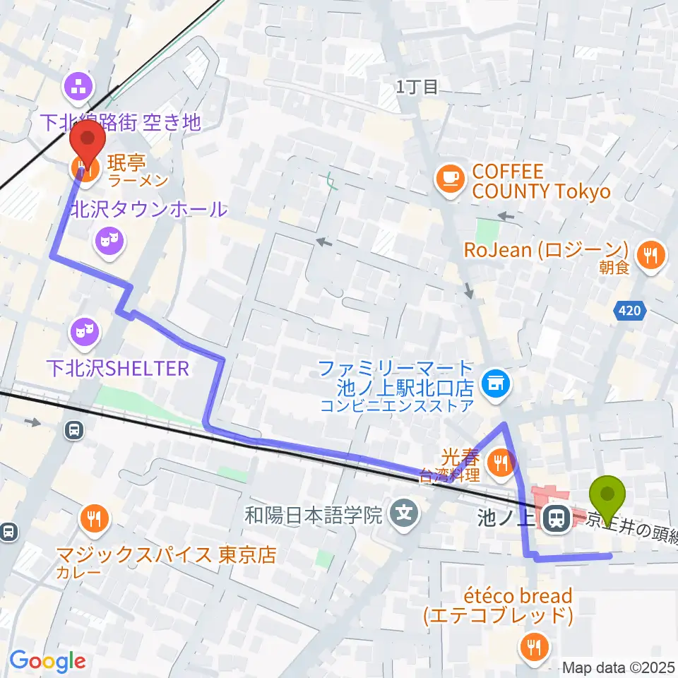 池ノ上駅から下北沢Music Island Oへのルートマップ地図