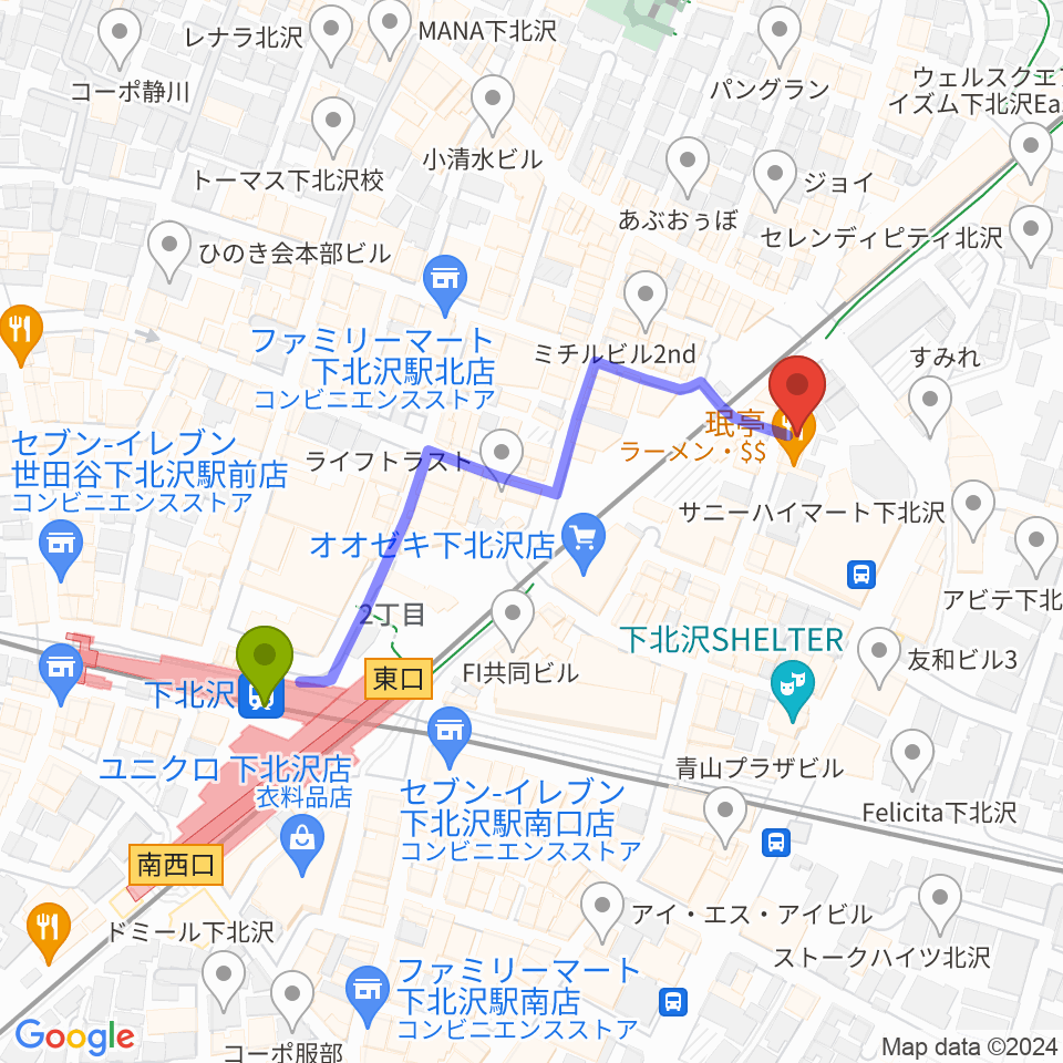 下北沢Music Island Oの最寄駅下北沢駅からの徒歩ルート（約4分）地図
