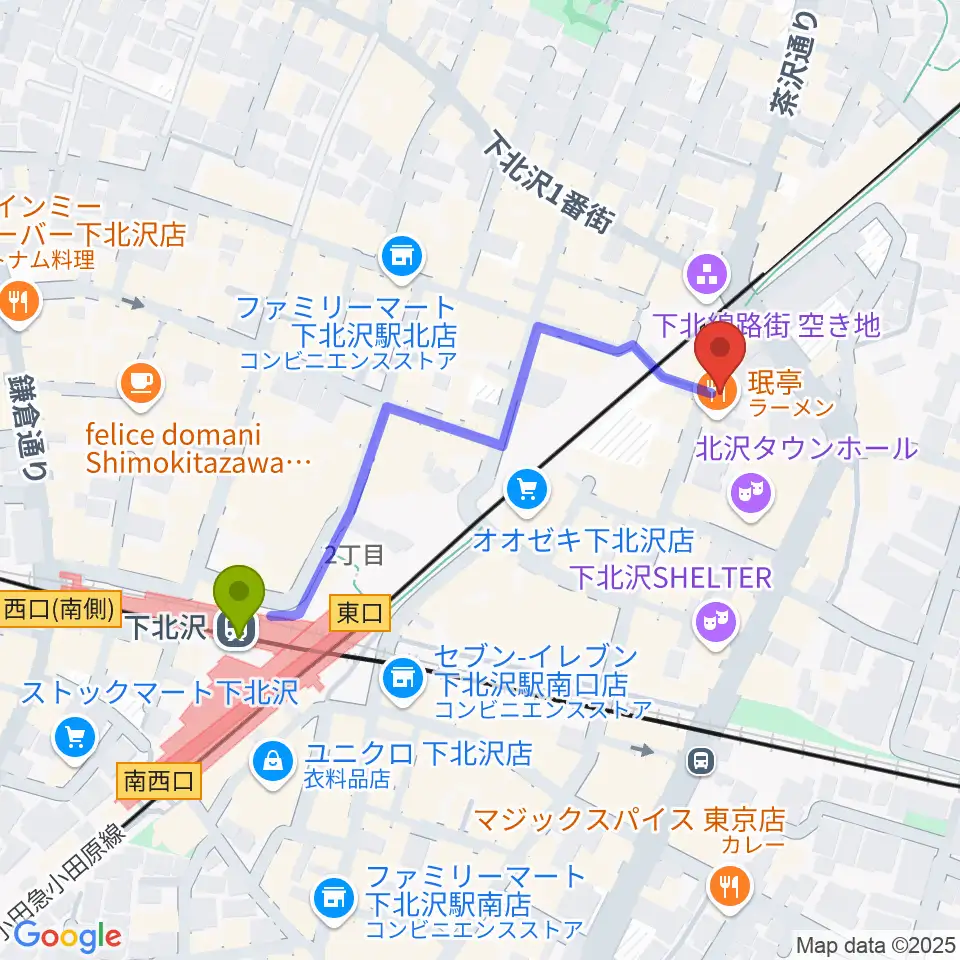 下北沢Music Island Oの最寄駅下北沢駅からの徒歩ルート（約4分）地図