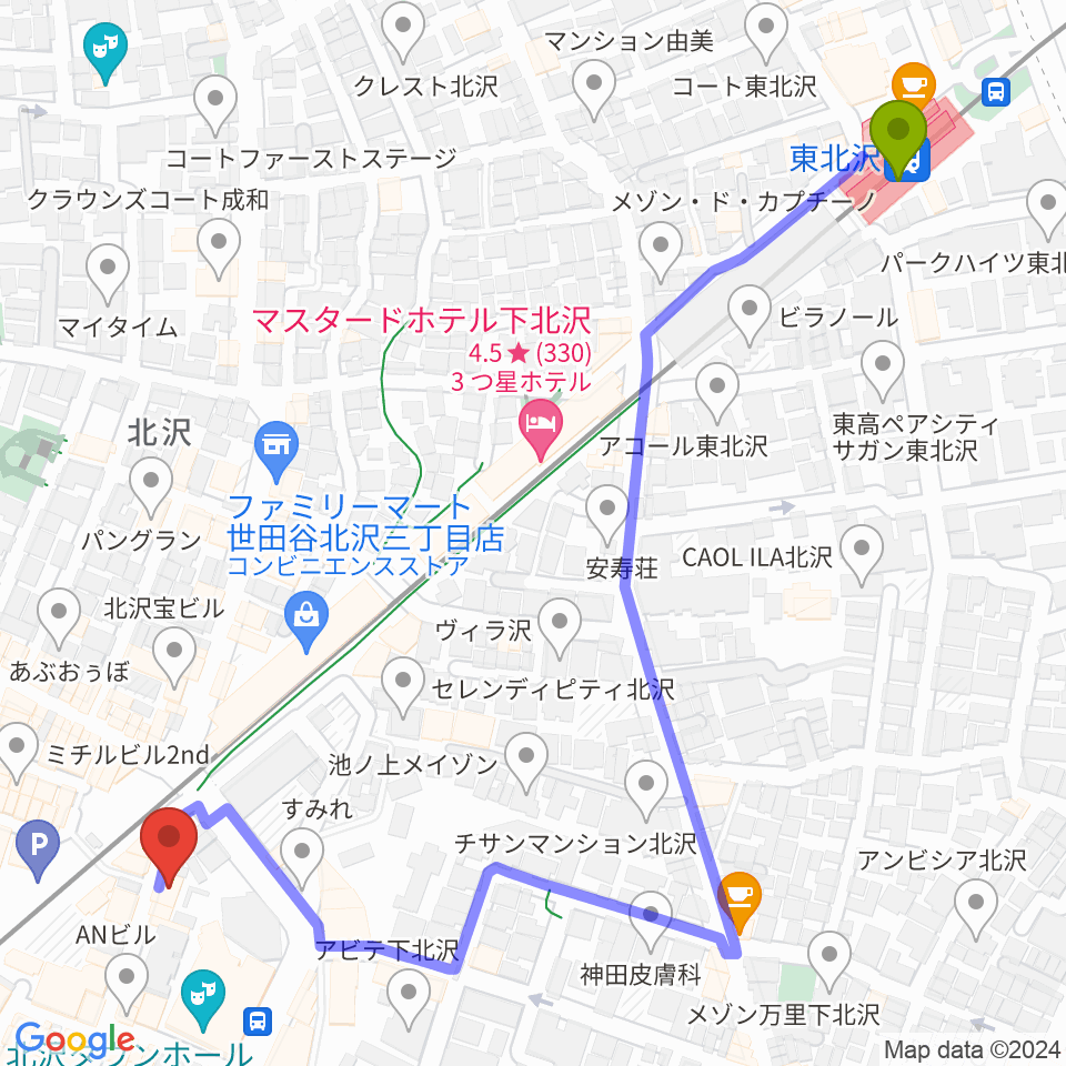 東北沢駅から下北沢Music Island Oへのルートマップ地図