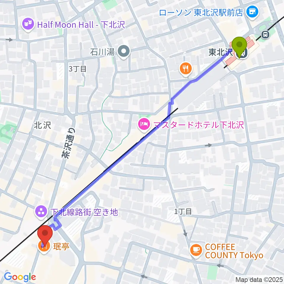 東北沢駅から下北沢Music Island Oへのルートマップ地図