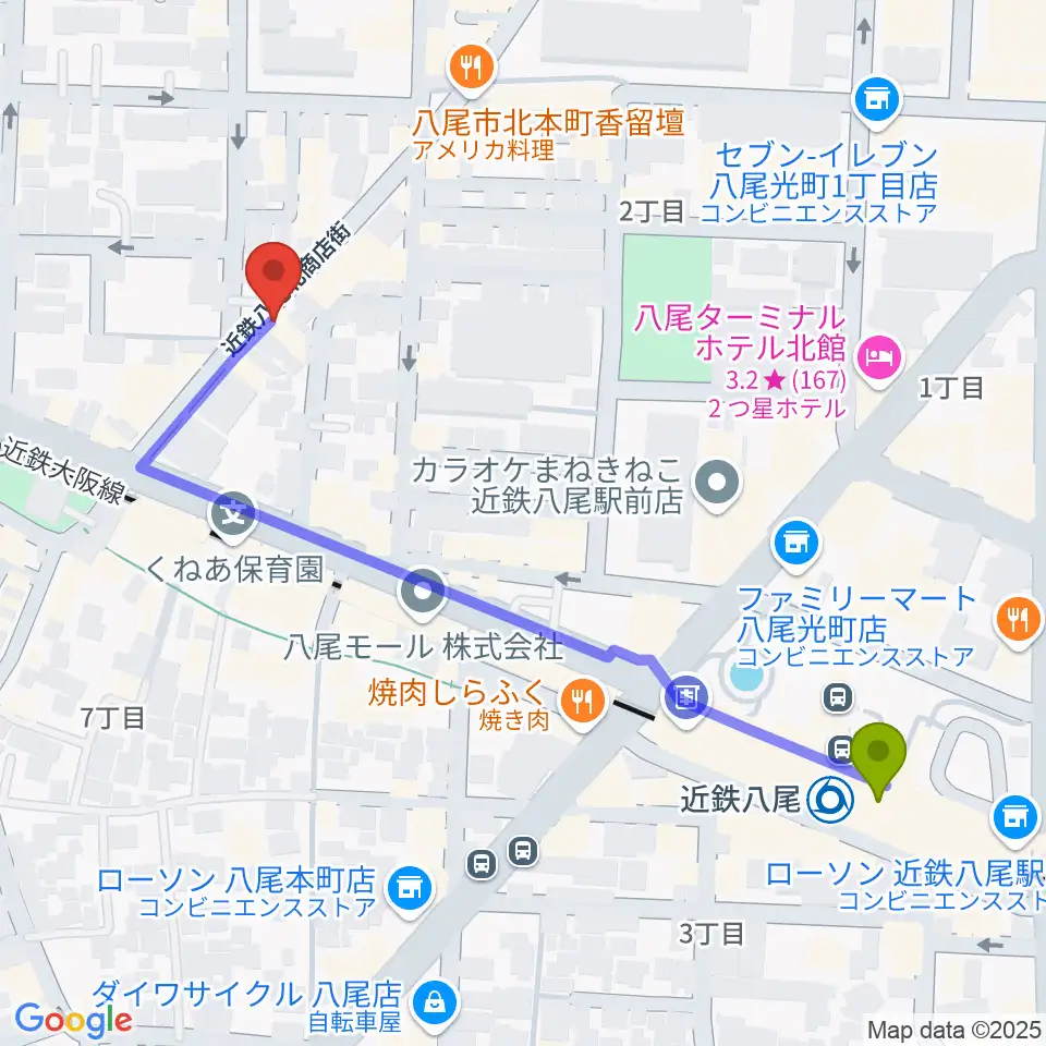 三嶋音楽教室の最寄駅近鉄八尾駅からの徒歩ルート（約6分）地図