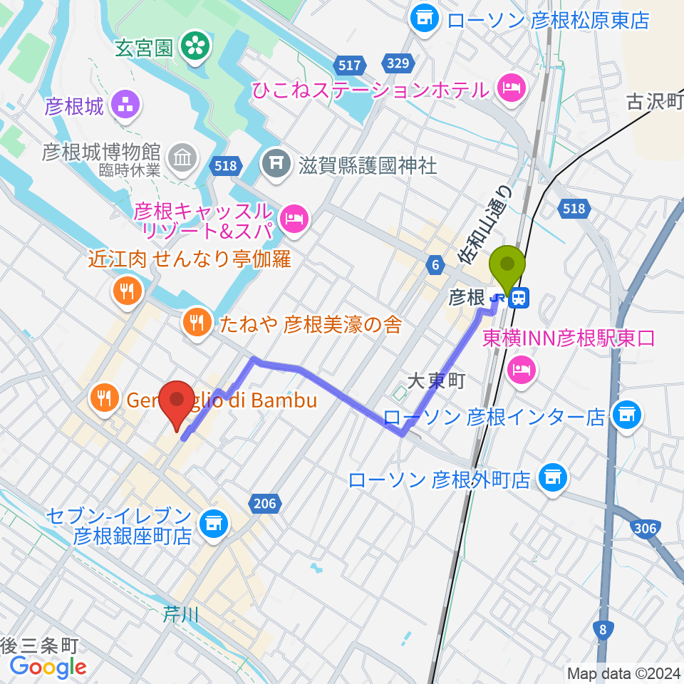 Tied Music（タイドミュージック）の最寄駅彦根駅からの徒歩ルート（約16分）地図