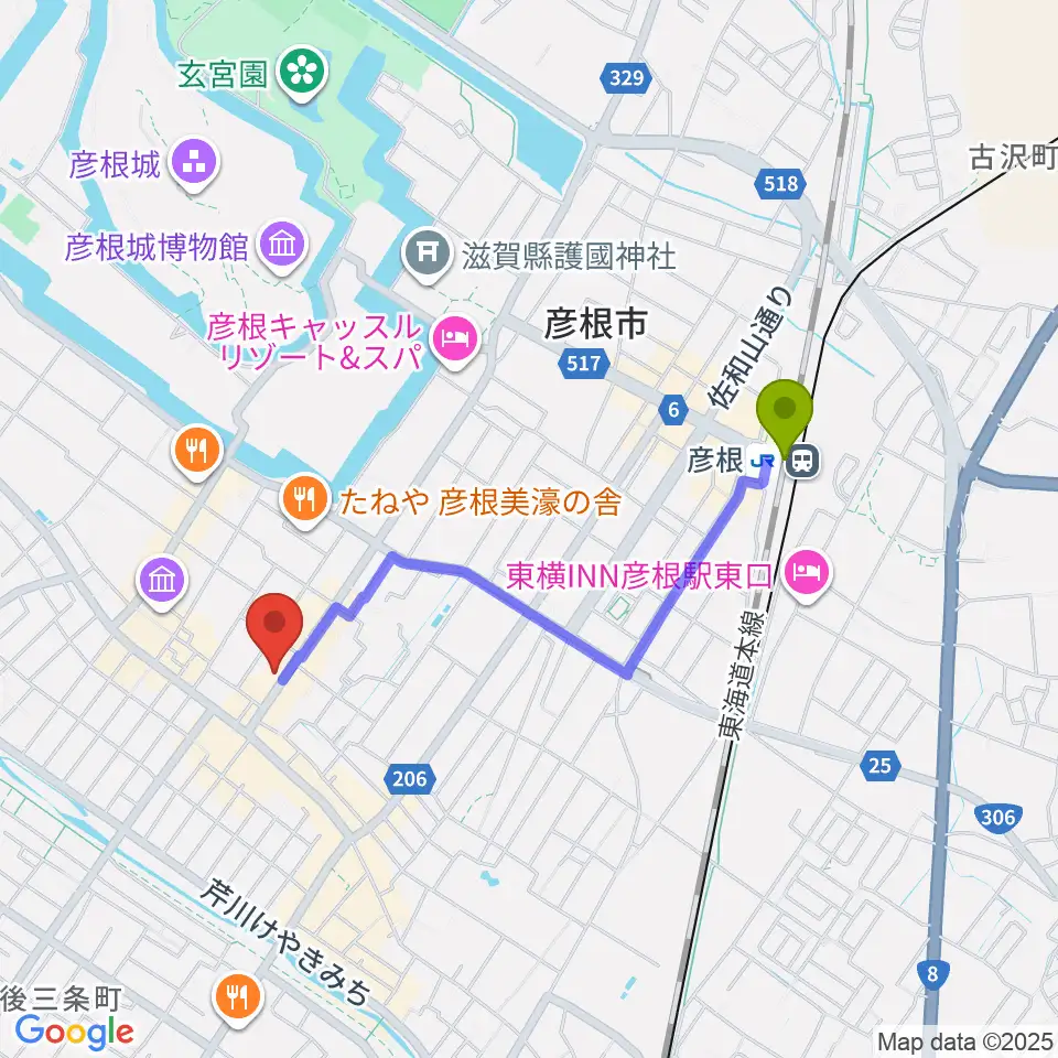 タイドミュージックの最寄駅彦根駅からの徒歩ルート（約16分）地図