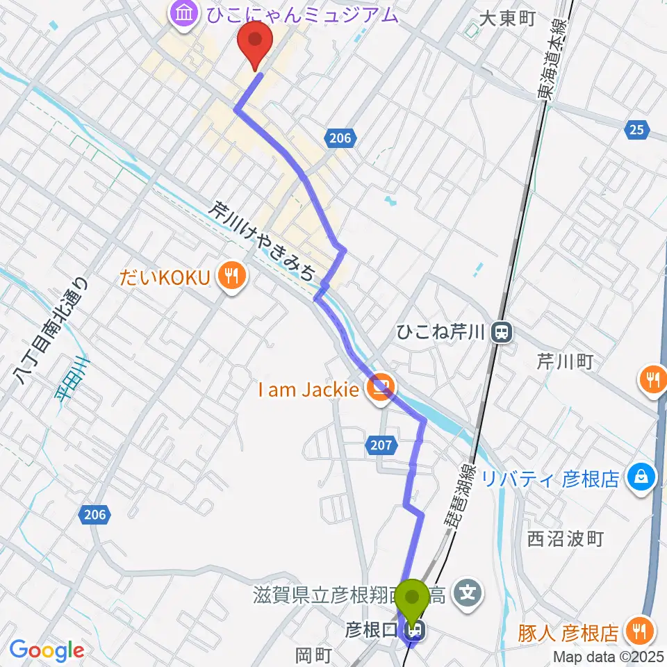彦根口駅からタイドミュージックへのルートマップ地図