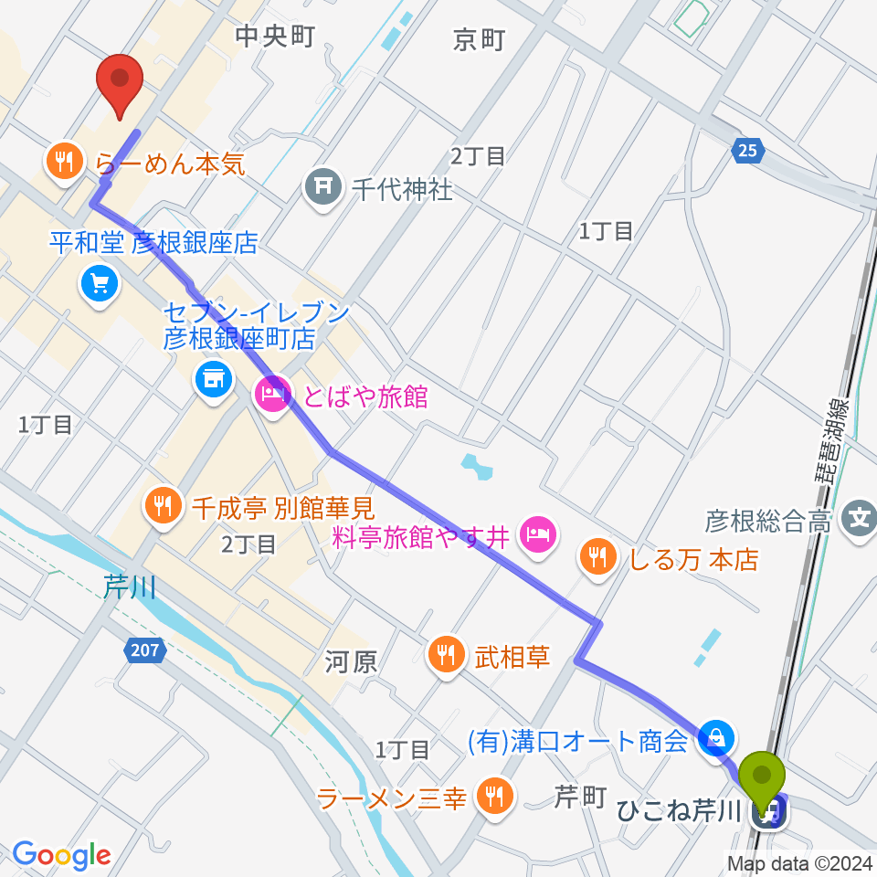 ひこね芹川駅からTied Music（タイドミュージック）へのルートマップ地図