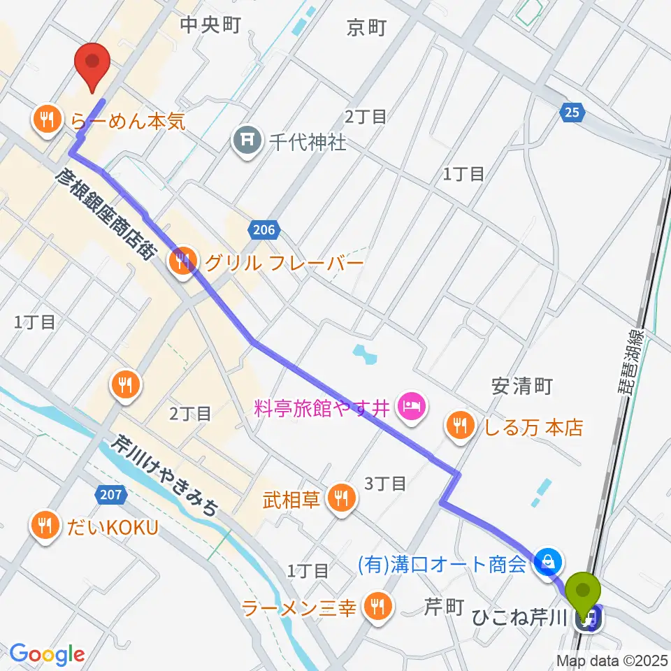 ひこね芹川駅からタイドミュージックへのルートマップ地図