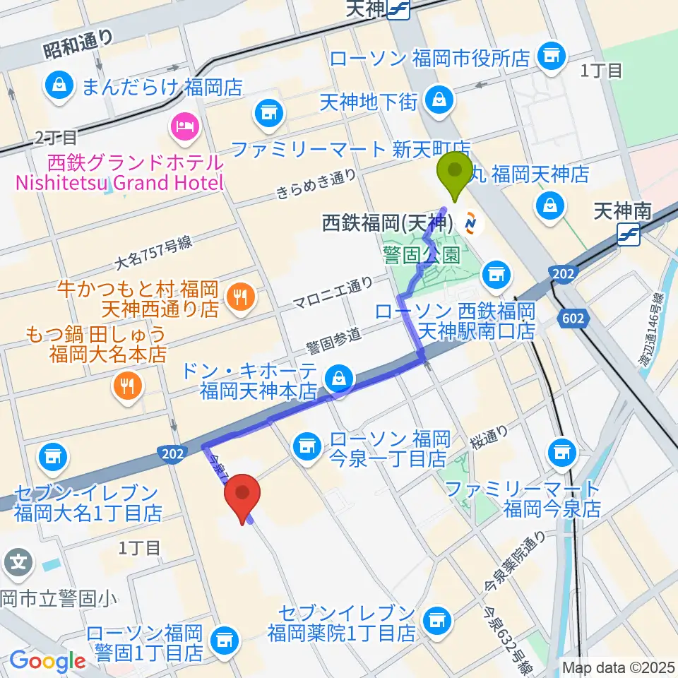 西鉄福岡（天神）駅からフォレストヒルへのルートマップ地図