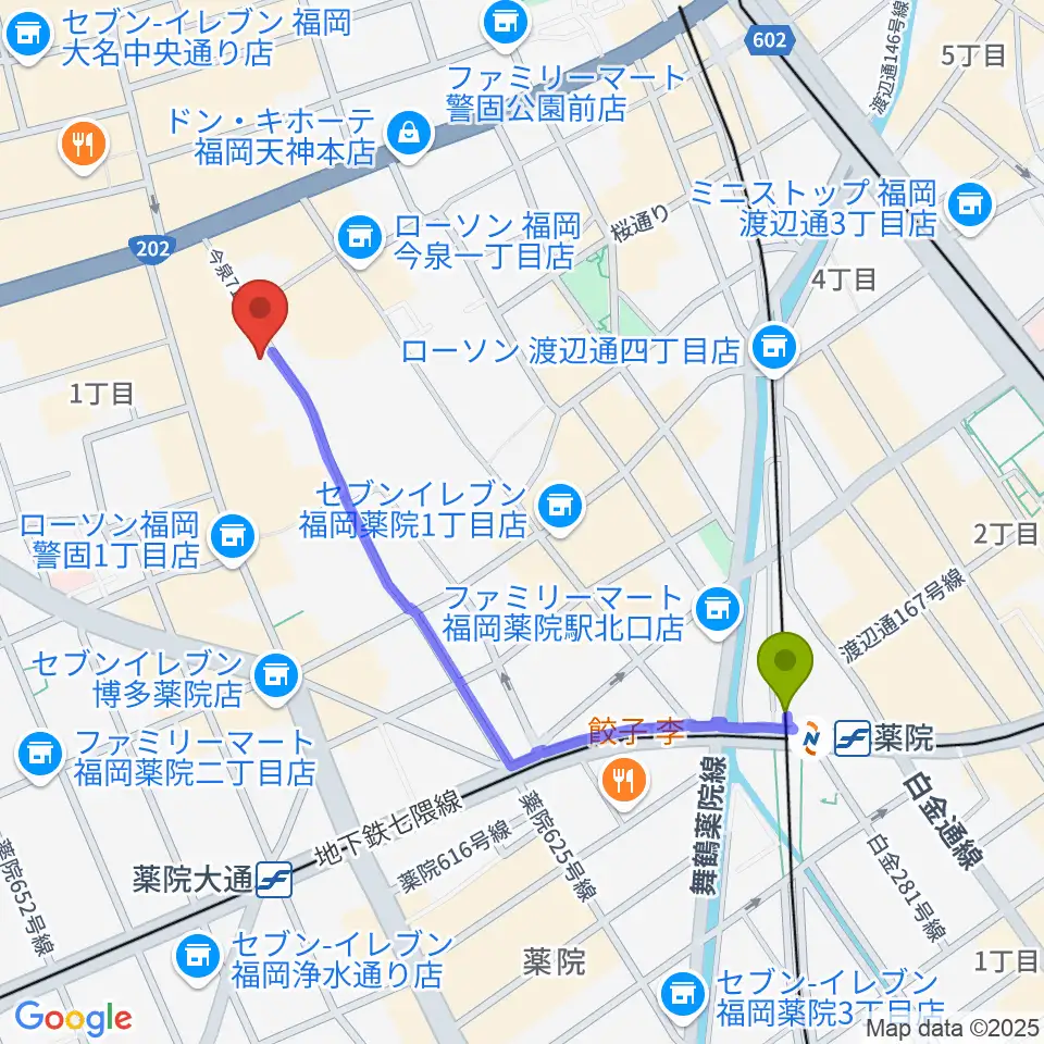 薬院駅からフォレストヒルへのルートマップ地図