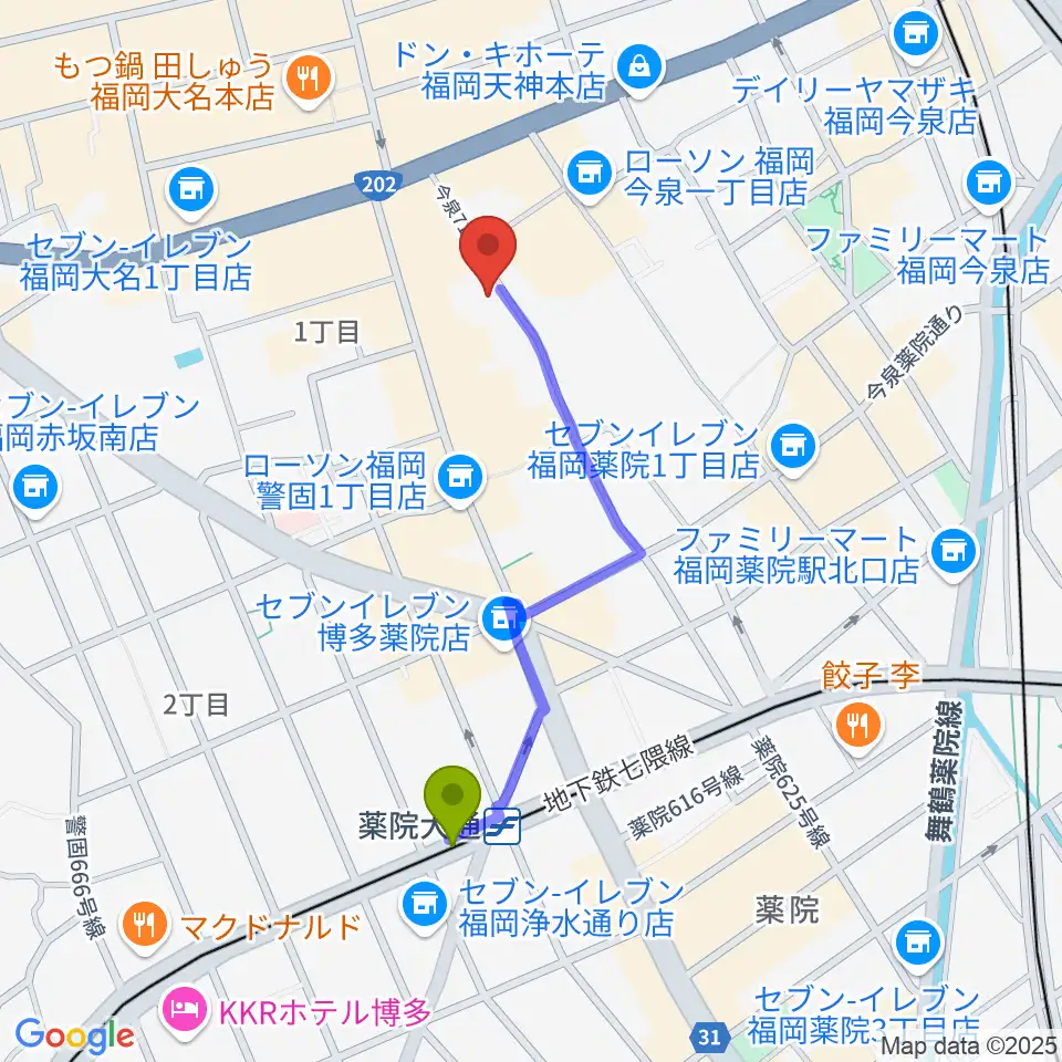 フォレストヒルの最寄駅薬院大通駅からの徒歩ルート（約8分）地図