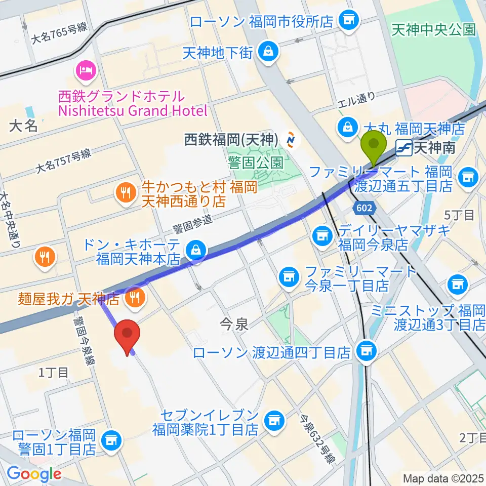 天神南駅からフォレストヒルへのルートマップ地図