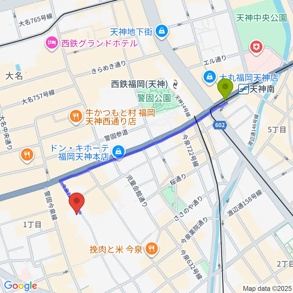 天神南駅からフォレストヒルへのルートマップ地図