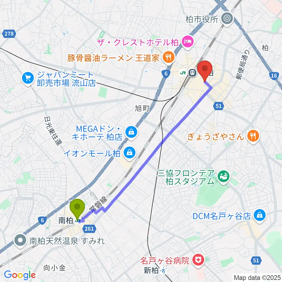 南柏駅から柏Studio WUUへのルートマップ地図