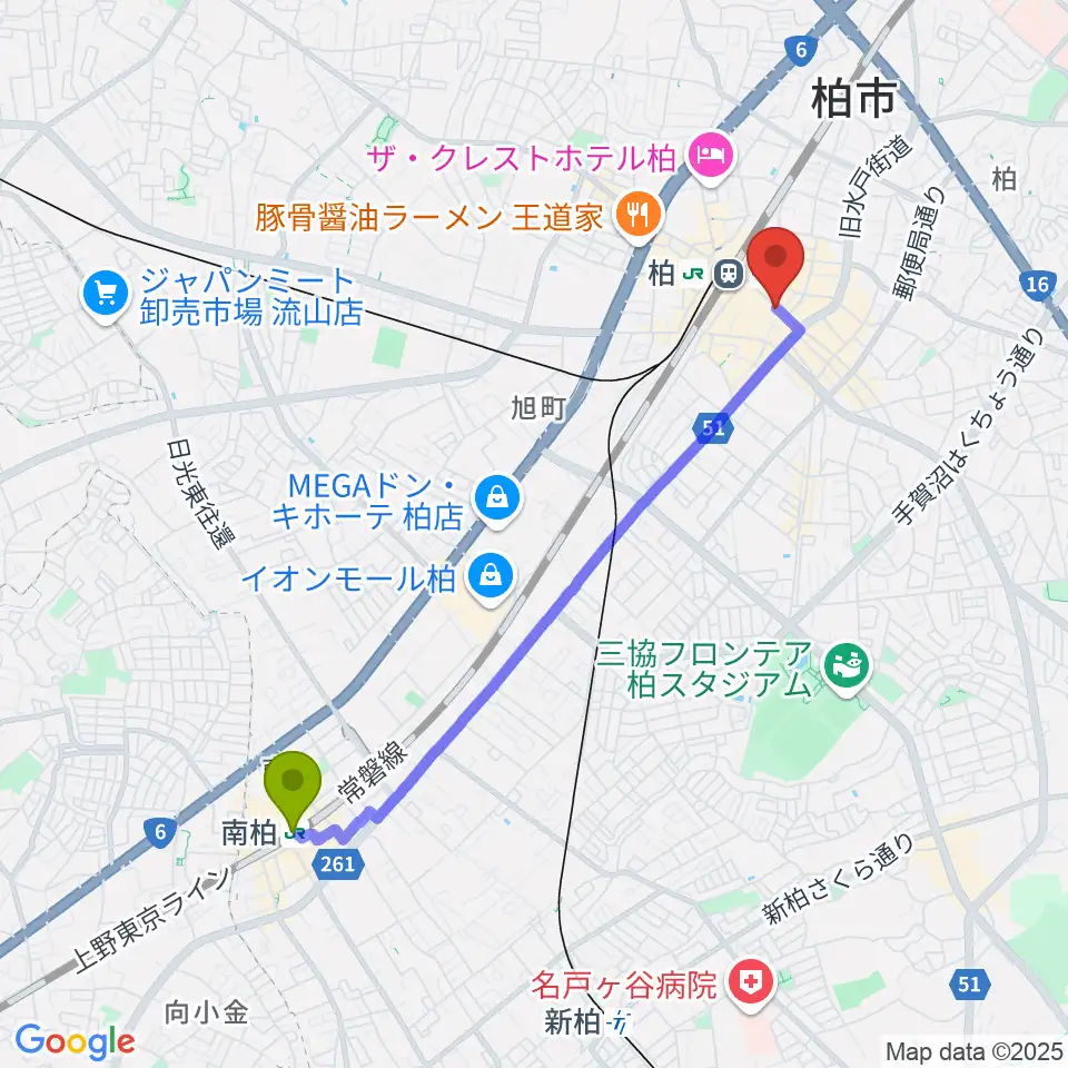 南柏駅から柏Studio WUUへのルートマップ地図