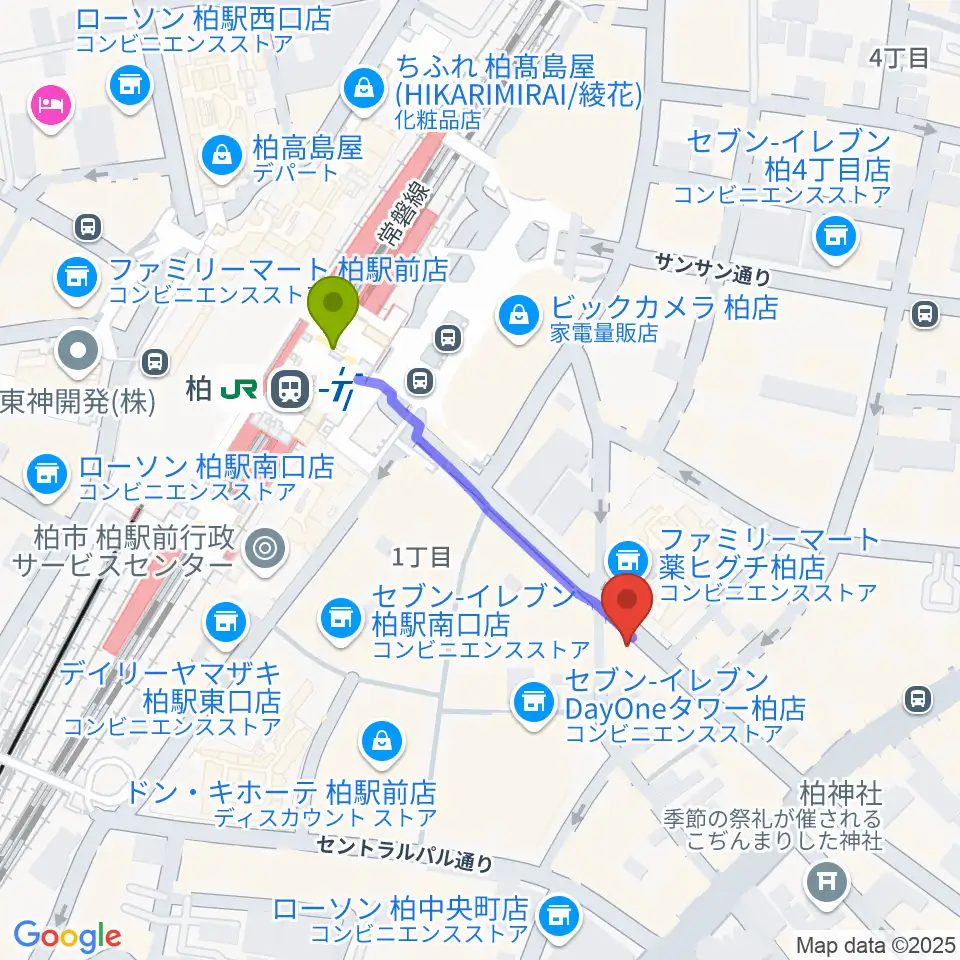 柏Studio WUUの最寄駅柏駅からの徒歩ルート（約3分）地図