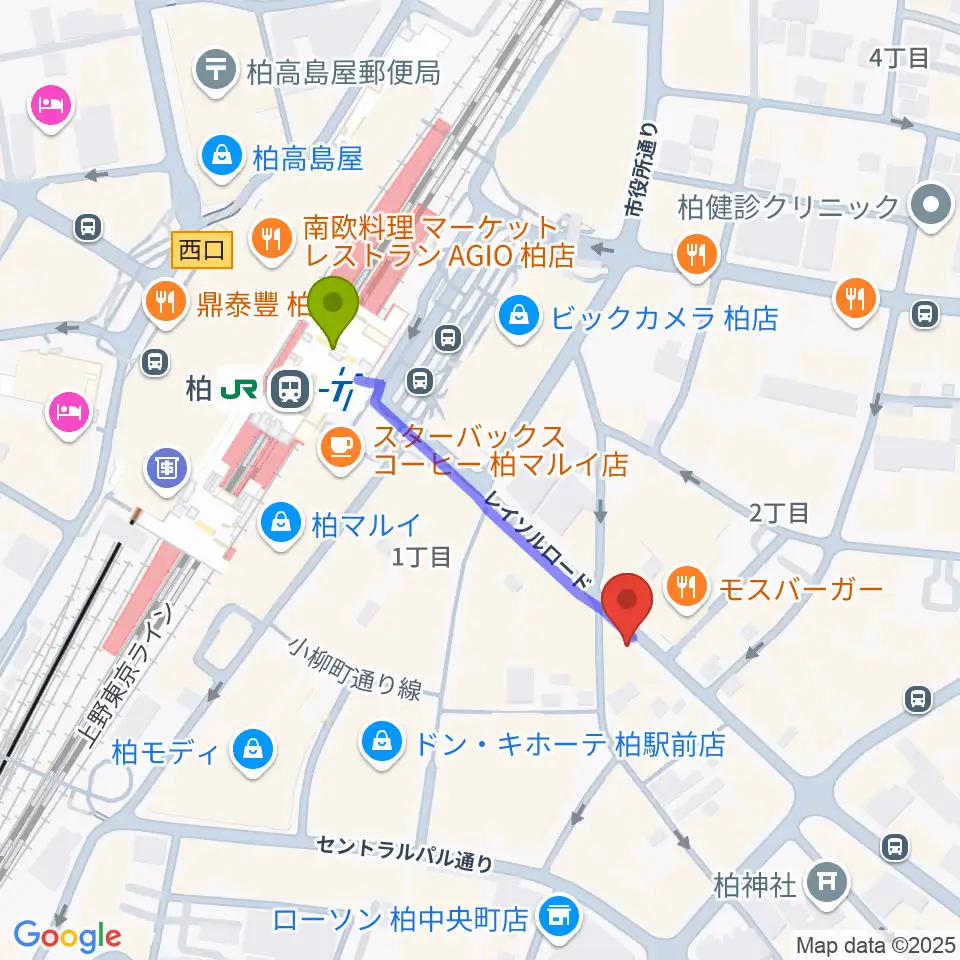 柏Studio WUUの最寄駅柏駅からの徒歩ルート（約3分）地図