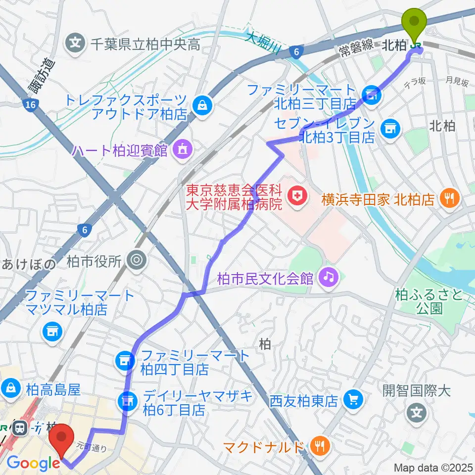 北柏駅から柏Studio WUUへのルートマップ地図