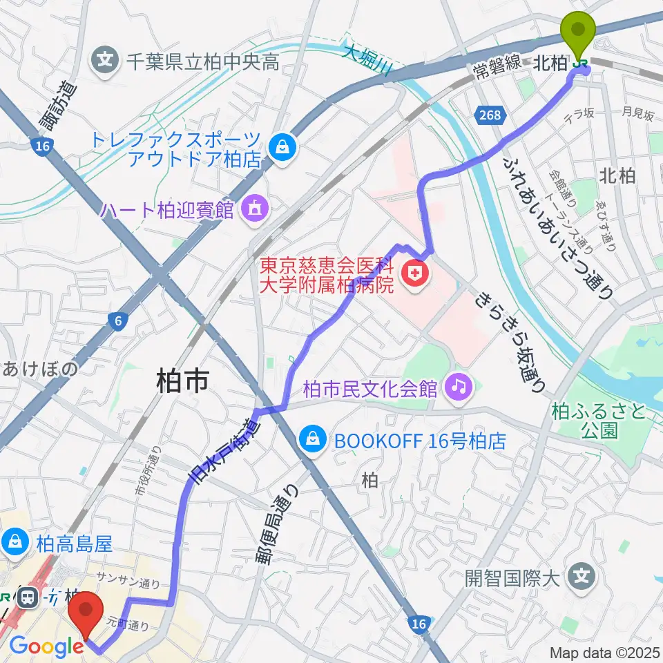 北柏駅から柏Studio WUUへのルートマップ地図