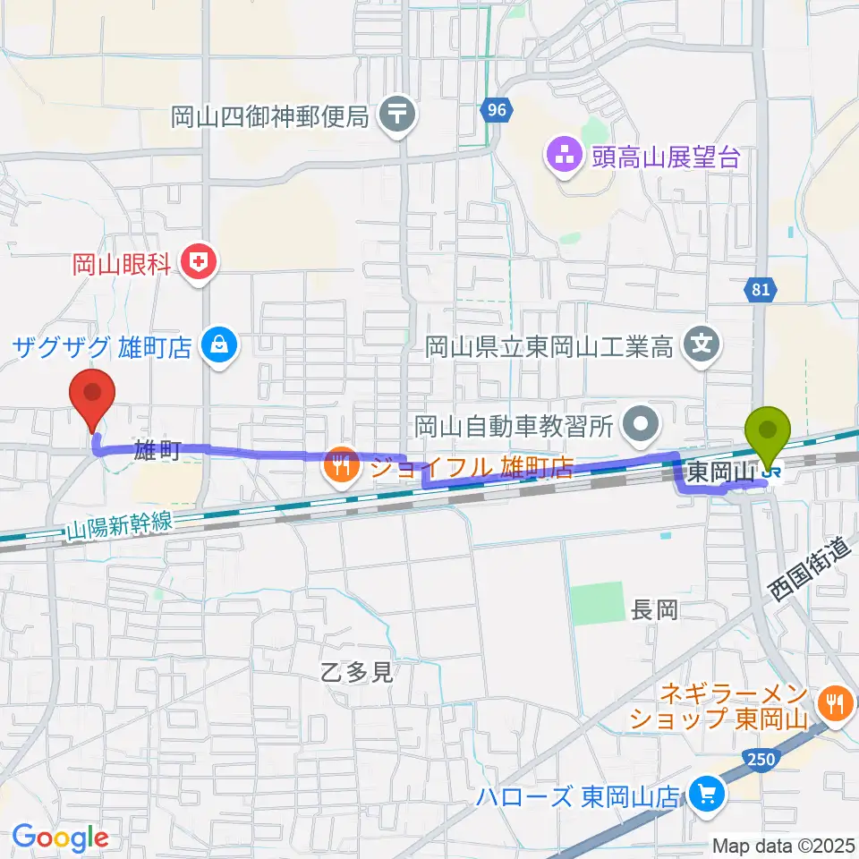 東岡山駅から須藤アコースティック・ギター教室へのルートマップ地図