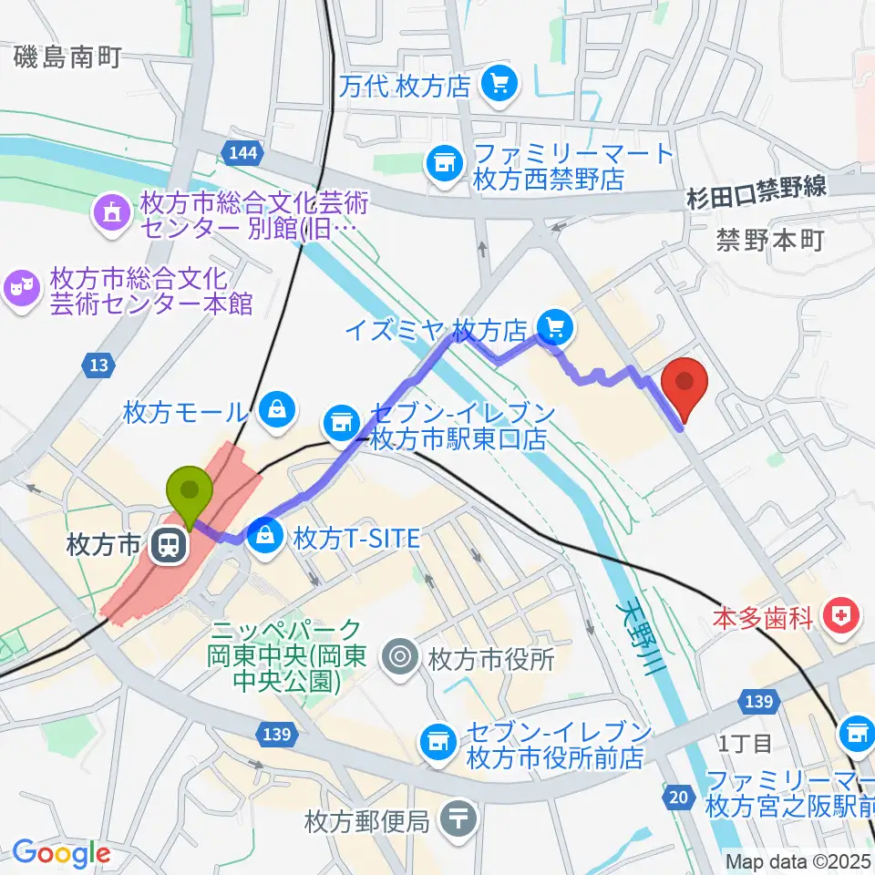 枚方市駅からリプルミュージックへのルートマップ地図