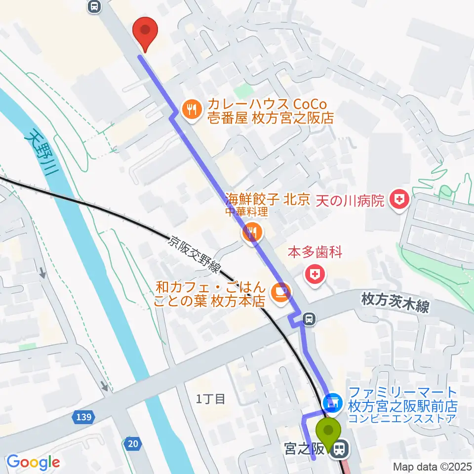 リプルミュージックの最寄駅宮之阪駅からの徒歩ルート（約7分）地図