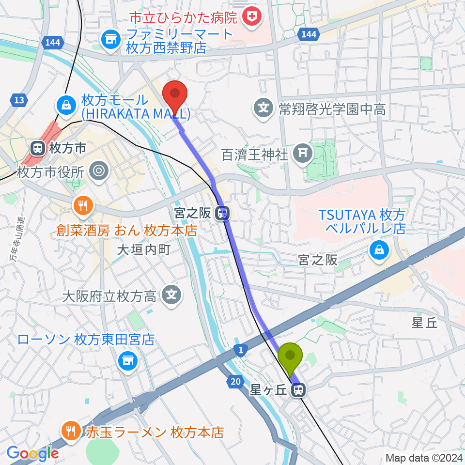 星ヶ丘駅からリプルミュージックへのルートマップ地図