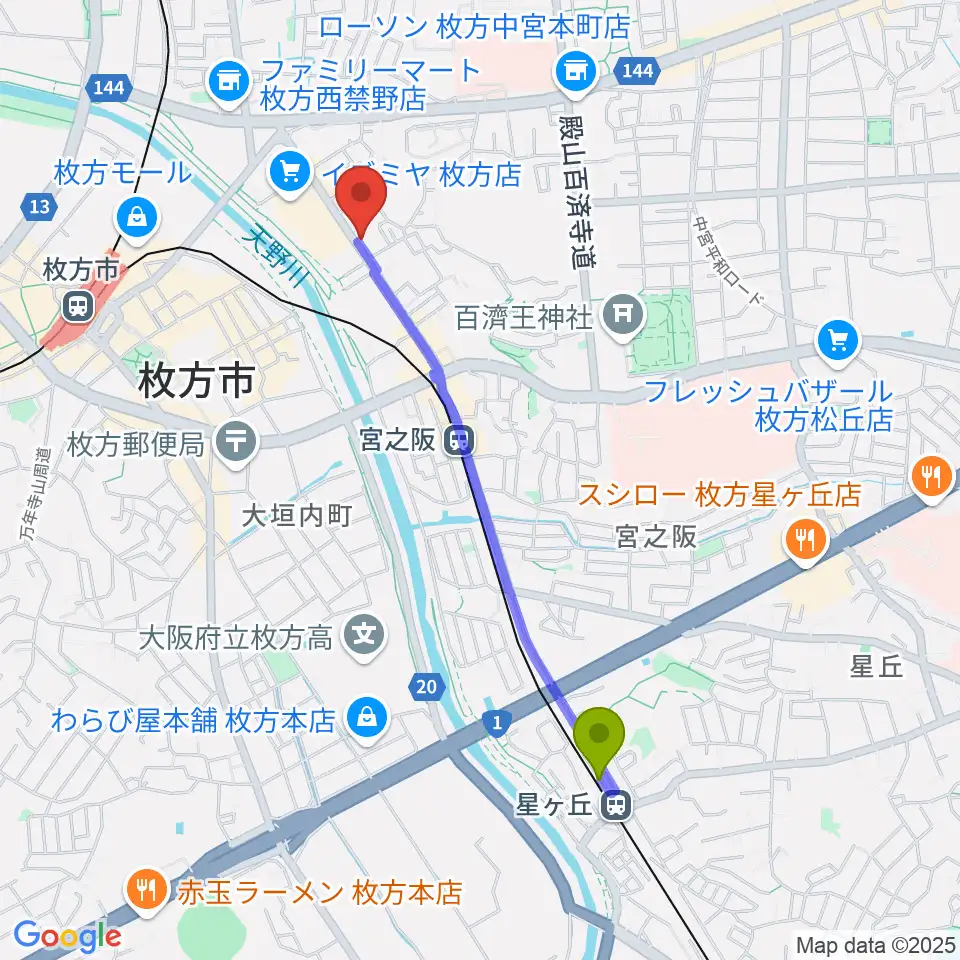 星ヶ丘駅からリプルミュージックへのルートマップ地図