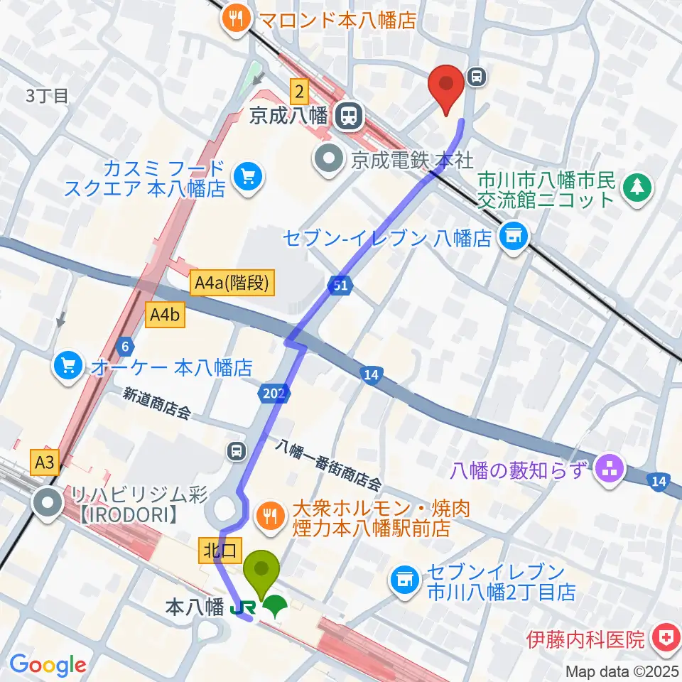 本八幡ルート14の最寄駅本八幡駅からの徒歩ルート（約6分）地図