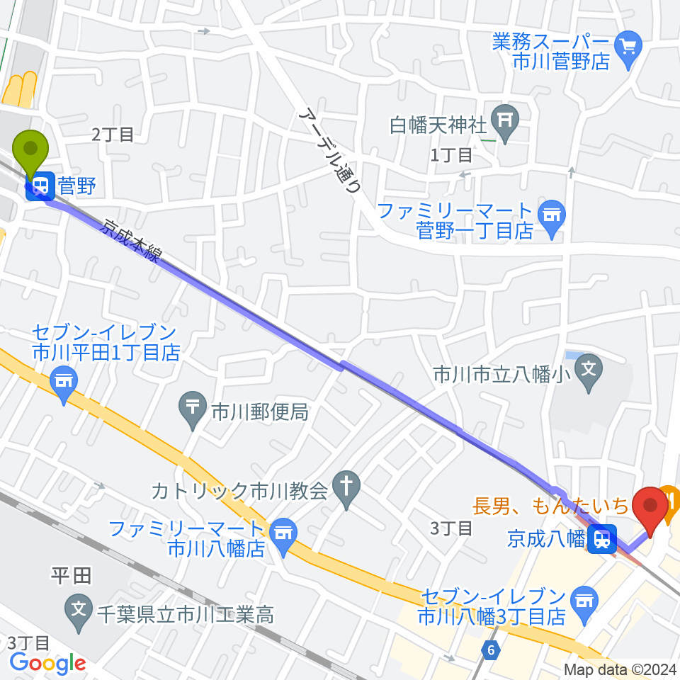 菅野駅から本八幡ルート14へのルートマップ地図