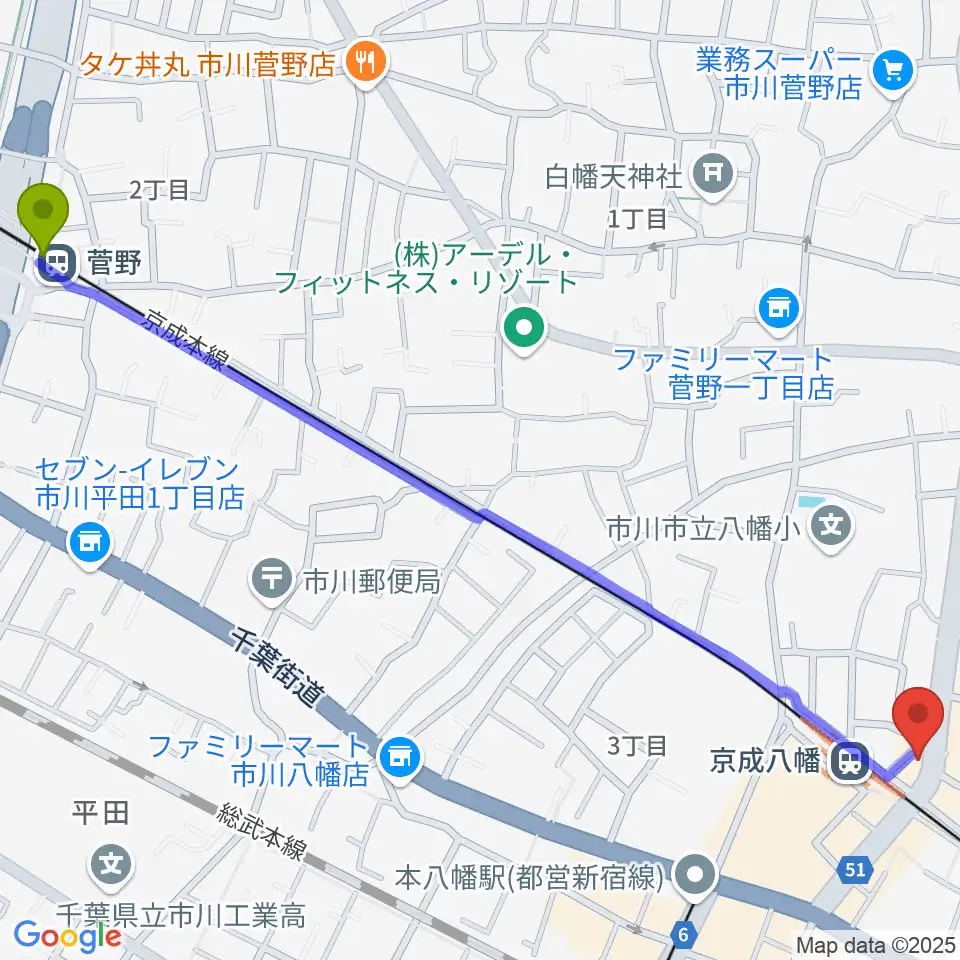 菅野駅から本八幡ルート14へのルートマップ地図