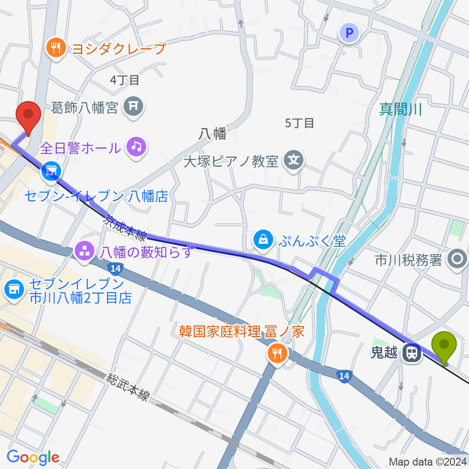 鬼越駅から本八幡ルート14へのルートマップ地図