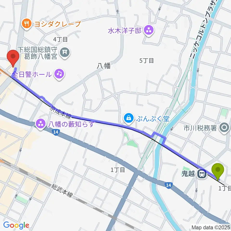 鬼越駅から本八幡ルート14へのルートマップ地図