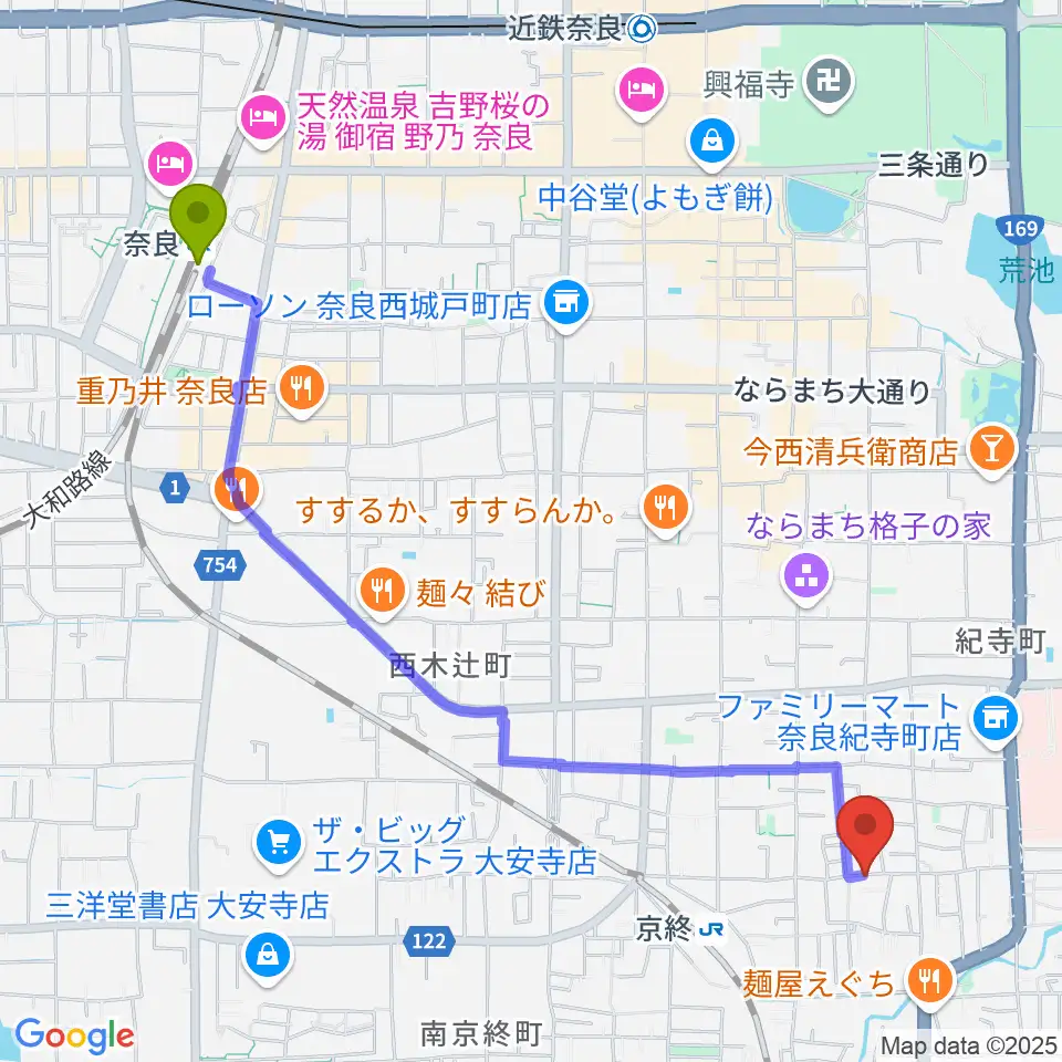 奈良駅からアイ・ムジカへのルートマップ地図