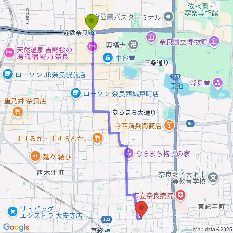 近鉄奈良駅からアイ・ムジカへのルートマップ地図