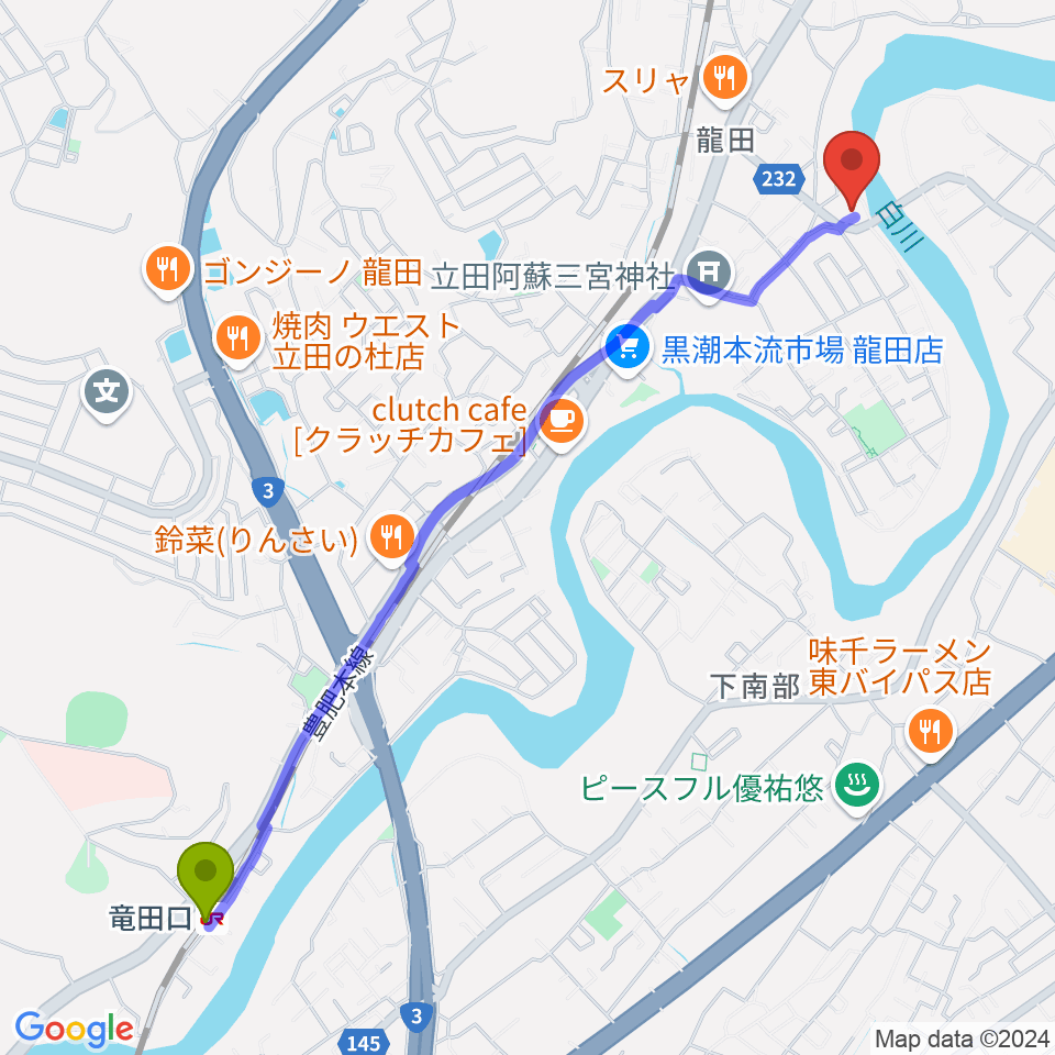 やまべ音楽＆ギター教室の最寄駅竜田口駅からの徒歩ルート（約29分）地図